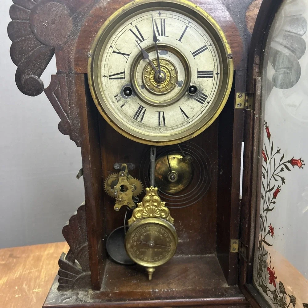 Antique Victorian Walnut Gingerbread Parlor Clock Open Escapement Alarm 1880s